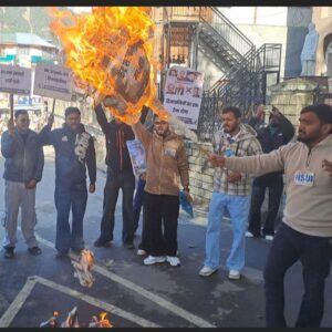 मंडी में NSUI ने केंद्र सरकार का पुतला फूंका:RDG ग्रांट रोकने से थे नाराज, भाजपा सांसदों पर साधा निशाना