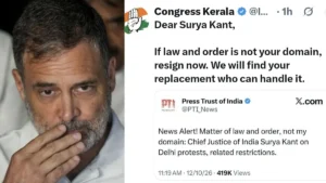केरल कांग्रेस ने एक्स पर CJI सूर्यकांत का इस्तीफा मांगा फिर डिलीट किया पोस्ट, केंद्रीय मंत्री किरेन रिजिजू ने साधा निशाना​on October 12, 2026 at 4:16 pm